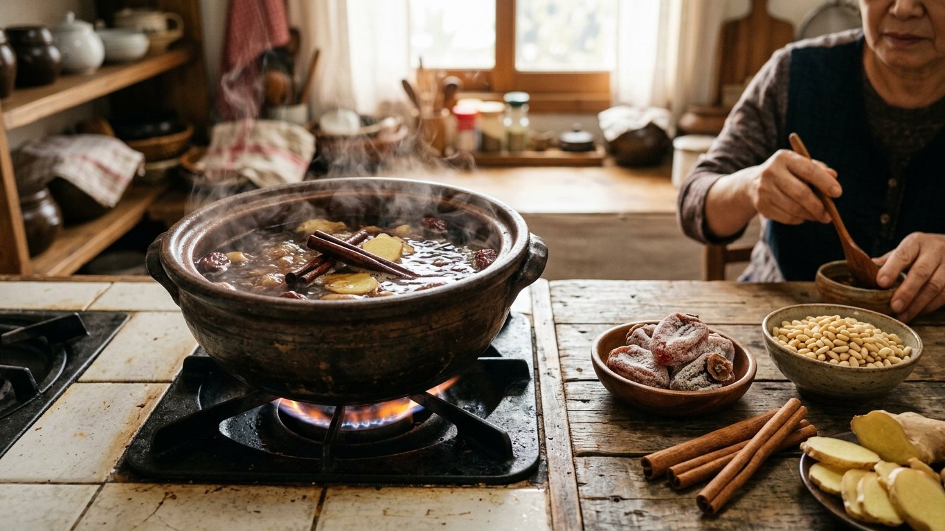 계피와 생강을 넣고 끓여 만드는 전통 수정과 조리 장면