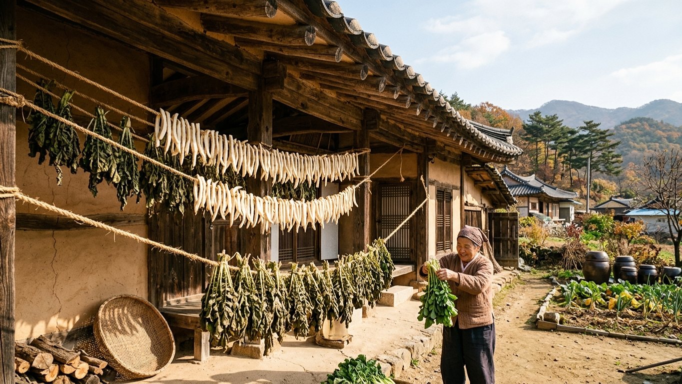 처마 밑에 무말랭이와 무청 시래기가 줄줄이 매달려 말려지는 늦가을 풍경