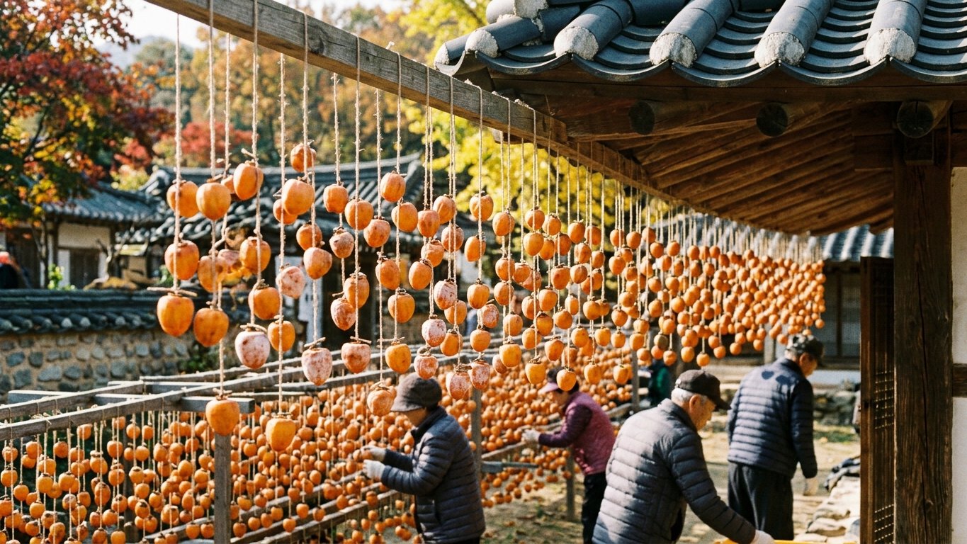 처마 밑에 줄줄이 매달려 건조되고 있는 곶감