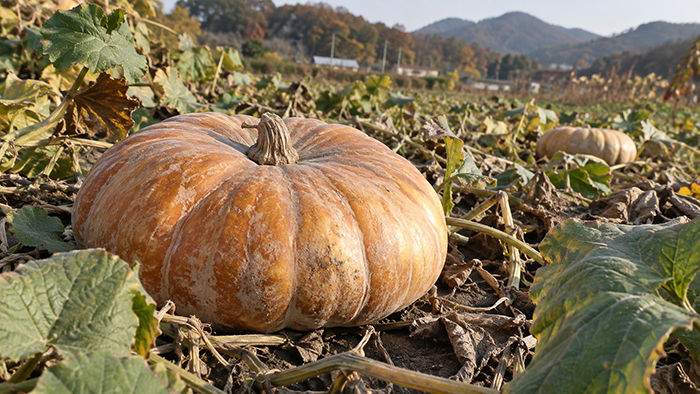 가을 호박밭의 마른 덩굴 사이에서 완전히 익은 황갈색 늙은호박