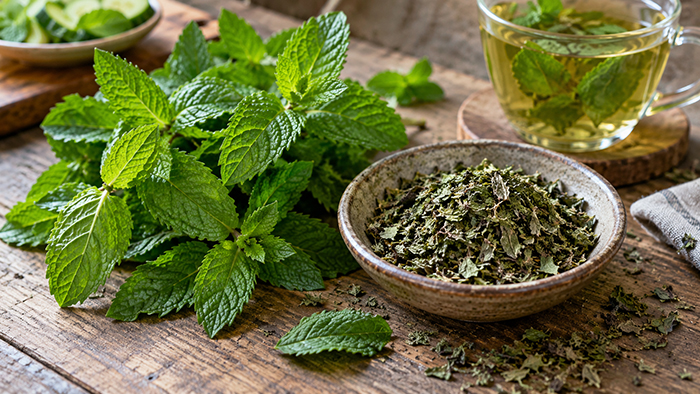 선명한 초록색 생민트 잎과 잘게 말린 민트 잎의 형태와 색 차이
