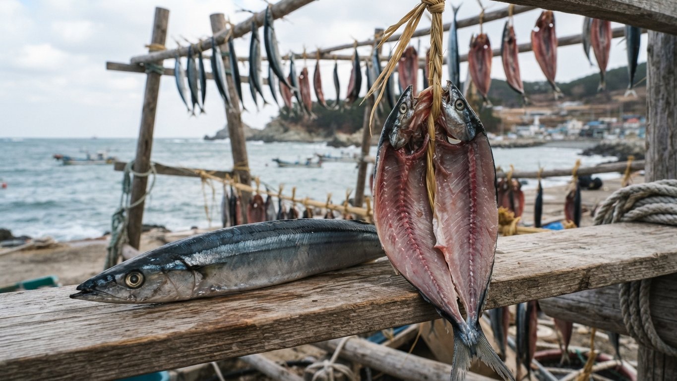 손질하지 않은 통꽁치와 반으로 갈라 꼬챙이에 꿰어 바닷바람에 말리는 과메기를 비교한 모습